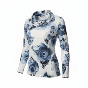 Chico’s Blue Floral Cowl Neck Shirt Long Sleeves Size SMALL (Chico's 0)